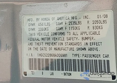 2008 Honda Accord 3.5 Ex-L z USA, uszkodzony, nr VIN 1HGCS22868A006981